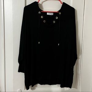 Calvin Klein king sleeve black blouse with gold detail